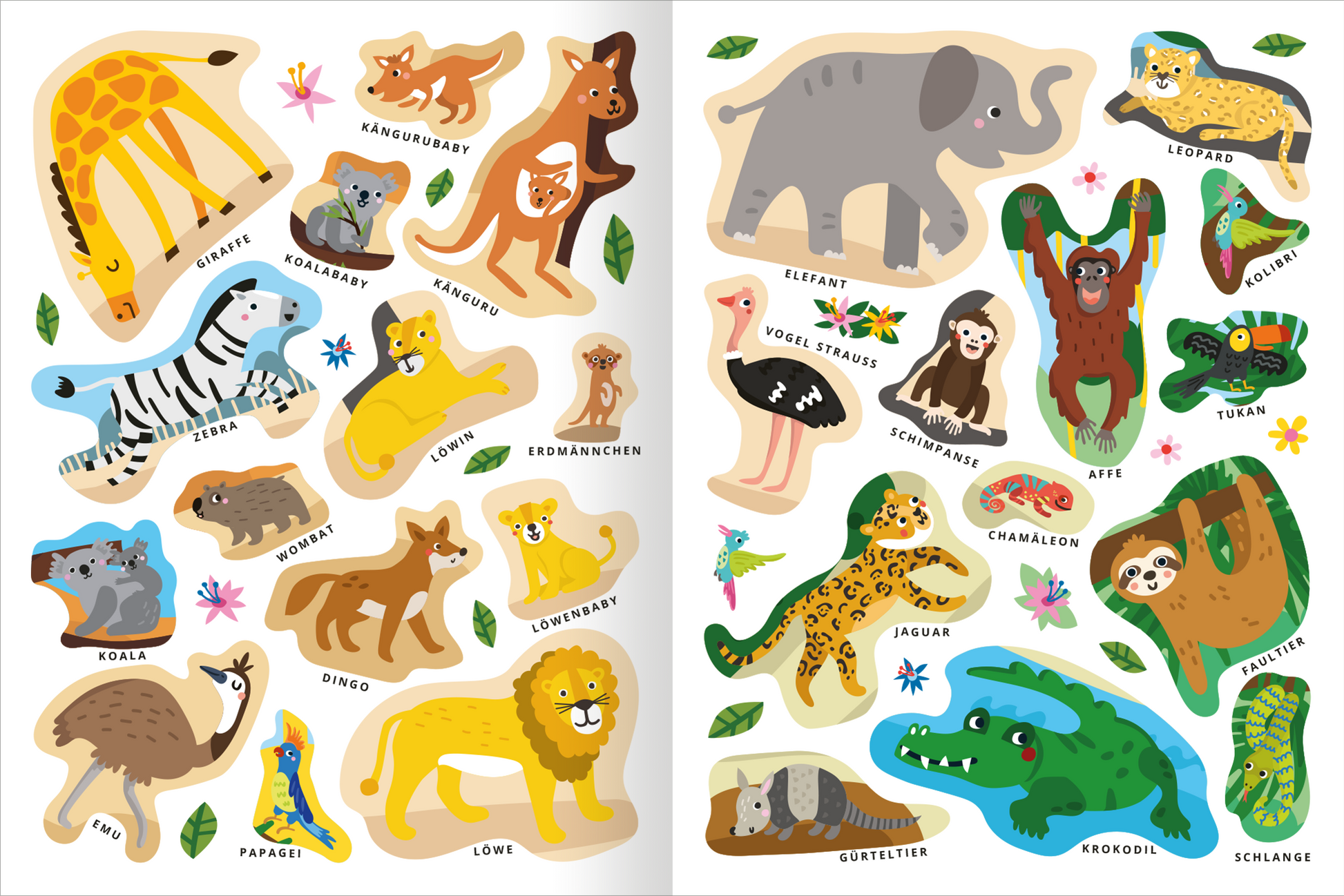 Gezeigt wird eine Innen- oder Zusatzansicht von „Mein erstes Sticker-Bilderlexikon – Tiere“. Die Seite zeigt eine Vielzahl von bunten Tierstickern, darunter eine Giraffe, einen Elefanten und verschiedene exotische Tiere. Jedes Tier ist liebevoll illustriert, mit klaren Konturen und farbenfrohen Details. Die Hintergrundfarbe ist weiß, was die farbigen Illustrationen hervorhebt. Die Typografie ist kindgerecht und gut lesbar, mit klaren Bezeichnungen für jedes Tier. Blätter und Blumen...