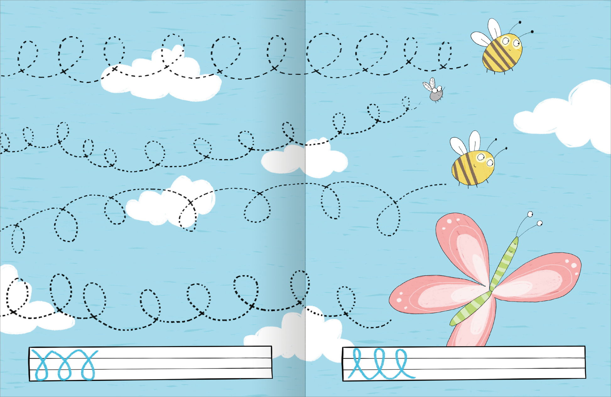 Gezeigt wird eine Innen- oder Zusatzansicht von „Die besten Schwungübungen ab 5 Jahren“. Die Doppelseite zeigt einen hellblauen Hintergrund mit weißen Wolken und einer verspielten Illustration von Bienen und einer bunten Schmetterlingsfigur. Dotted Linien verlaufen kreativ durch die Seite und verbinden die Elemente. Am unteren Rand befinden sich zwei leere, liniert gestaltete Bereiche für das Schreiben, umgeben von witzigen, kindgerechten Details.