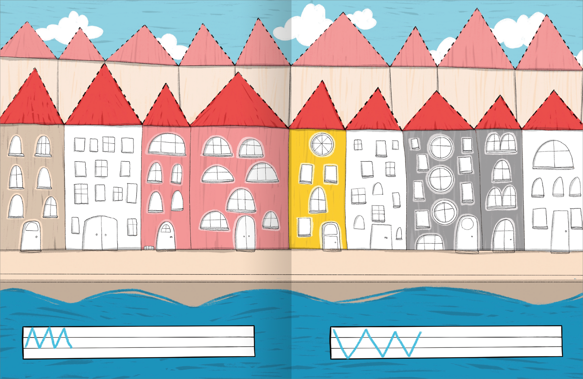 Gezeigt wird eine Innen- oder Zusatzansicht von „Die besten Schwungübungen ab 5 Jahren“. Die Illustration zeigt ein farbenfrohes Stadtbild mit verschiedenen Häusern in sanften Tönen. Rote Dächer kontrastieren mit den bunten Fassaden. Die Fenster sind schlicht, teils oval oder rechteckig, und der Himmel ist in einem klaren Blau mit vereinzelten weißen Wolken dargestellt. Am unteren Rand sind Linien für Schreibübungen abgebildet, die auf einem Wellenkamm sitzen.