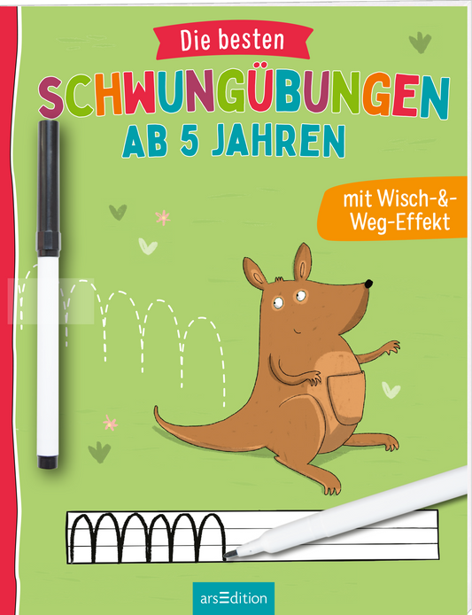 Zu sehen ist die 3D-Ansicht des Titels. Das Buchcover zeigt eine fröhliche, cartoonhafte Illustration eines Kangurus, das in der Mitte des Covers positioniert ist. Der Titel „Die besten SCHWUNGÜBUNGEN AB 5 JAHREN“ ist in leuchtenden, verspielten Buchstaben in verschiedenen Farben gestaltet. Oben rechts ist ein Hinweis auf den „Wisch-&amp;-Weg-Effekt“ in einer gelben Blase platziert. Ganz unten mittig steht der Logoschriftzug von arsEdition.
