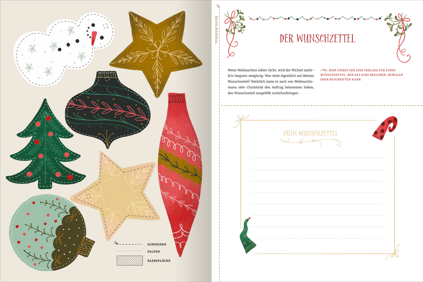 Gezeigt wird eine Innen- oder Zusatzansicht von „Wichtel willkommen“. Auf der linken Seite sind bunte weihnachtliche Motive wie ein Schneemann, Weihnachtsbaum, Kugeln und Sterne in lebendigen Farben wie Rot, Grün und Gold angeordnet. Die rechte Seite zeigt den Titel „DER WUNSCHZETTEL“ in verspielter roter Schrift. Darunter befinden sich leere Linien für persönliche Notizen, eingerahmt von einer dekorativen Bordüre mit festlichen Elementen.
