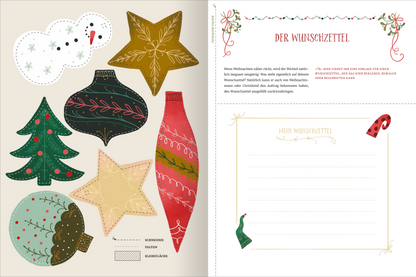 Gezeigt wird eine Innen- oder Zusatzansicht von „Wichtel willkommen“. Auf der linken Seite sind bunte weihnachtliche Motive wie ein Schneemann, Weihnachtsbaum, Kugeln und Sterne in lebendigen Farben wie Rot, Grün und Gold angeordnet. Die rechte Seite zeigt den Titel „DER WUNSCHZETTEL“ in verspielter roter Schrift. Darunter befinden sich leere Linien für persönliche Notizen, eingerahmt von einer dekorativen Bordüre mit festlichen Elementen.