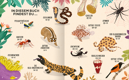 Gezeigt wird eine Innenansicht von „Giftig!“. Die Doppelseite präsentiert eine bunte Übersicht giftiger Tiere, umgeben von stilisierten Pflanzenmotiven. In sanften Farben gehalten, sind die Illustrationen der Tiere – wie Schlangen, Spinnen und Quallen – klar erkennbar und gleichzeitig ansprechend gestaltet. Die Typografie ist verspielt und gut lesbar, mit hervorgehobenen Überschriften, die die verschiedenen Tierarten betiteln. Die visuelle Anordnung lädt zum Erkunden und Entdecken...