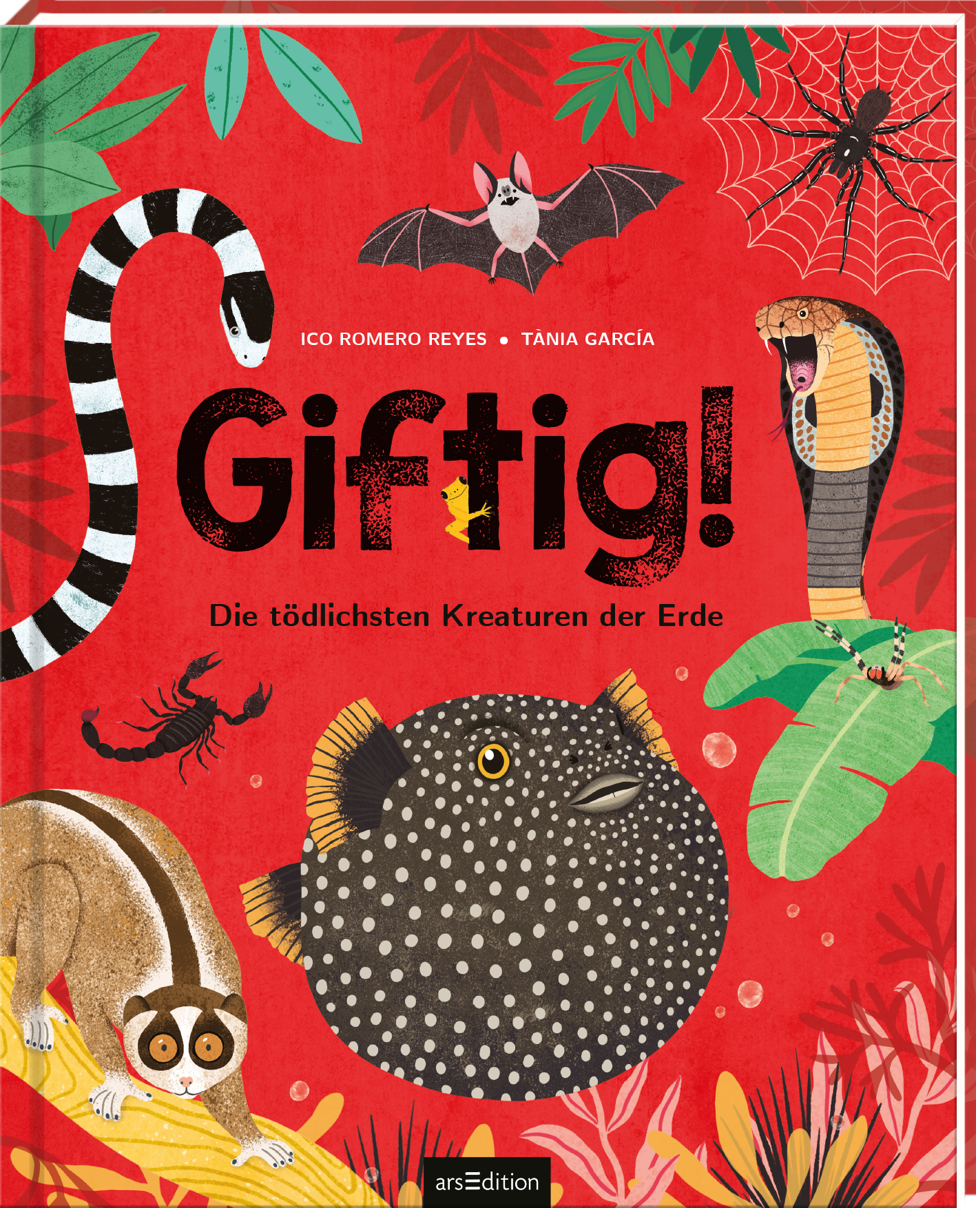 Das Buchcover zeigt einen lebhaften roten Hintergrund, auf dem diverse tropische Tiere abgebildet sind. In auffälligen Farben sind ein Schlangen, ein Frosch, eine Spinne und eine Schlange positioniert, die die tödlichen Kreaturen symbolisieren. Der Titel „Giftig!“ ist in großen, schwarzen Buchstaben geschrieben, während darunter in kleinerer Schrift „Die tödlichsten Kreaturen der Erde“ steht. Oben links sind die Namen der Autoren, Ico Romero Reyes und Tania García, zu sehen. Ganz...