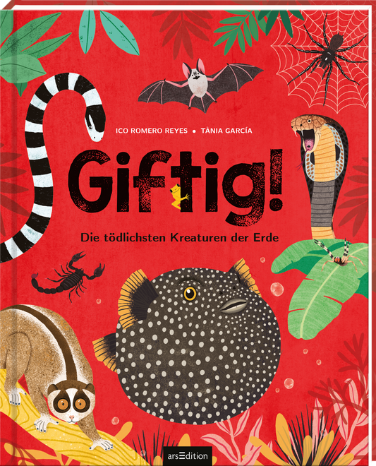 Das Buchcover zeigt einen lebhaften roten Hintergrund, auf dem diverse tropische Tiere abgebildet sind. In auffälligen Farben sind ein Schlangen, ein Frosch, eine Spinne und eine Schlange positioniert, die die tödlichen Kreaturen symbolisieren. Der Titel „Giftig!“ ist in großen, schwarzen Buchstaben geschrieben, während darunter in kleinerer Schrift „Die tödlichsten Kreaturen der Erde“ steht. Oben links sind die Namen der Autoren, Ico Romero Reyes und Tania García, zu sehen. Ganz...