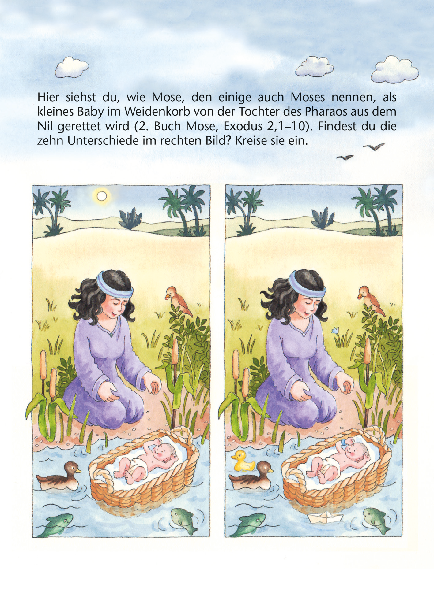 Gezeigt wird eine Innen- oder Zusatzansicht von „Bibel-Rätsel“. Die Illustration zeigt zwei nahezu identische Bilder in einer farbenfrohen, kindgerechten Darstellung. In der Mitte ist eine Frau in lila Kleidern, die ein Baby im Weidenkorb aus dem Wasser rettet. Umgeben ist sie von grünen Pflanzen, Enten und einem blauen Himmel mit Wolken. Die sanften Farben und die verspielte Typografie laden Kinder ein, Unterschiede zu finden. Am oberen Rand befindet sich ein erklärender Text.