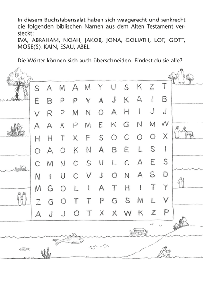 Gezeigt wird eine Innen- oder Zusatzansicht von „Bibel-Rätsel“. Die Seite zeigt einen Buchstabensalat mit horizontal und vertikal versteckten biblischen Namen aus dem Alten Testament. Der Hintergrund ist hell und minimalistisch, um den Rätselbereich zu betonen. Die Schrift ist klar und gut lesbar, in einer serifenlosen Typografie. Unter dem Rätsel befinden sich kleine, feine Illustrationen von Landschaften und Figuren, die visuelles Interesse schaffen und den Text ergänzen.