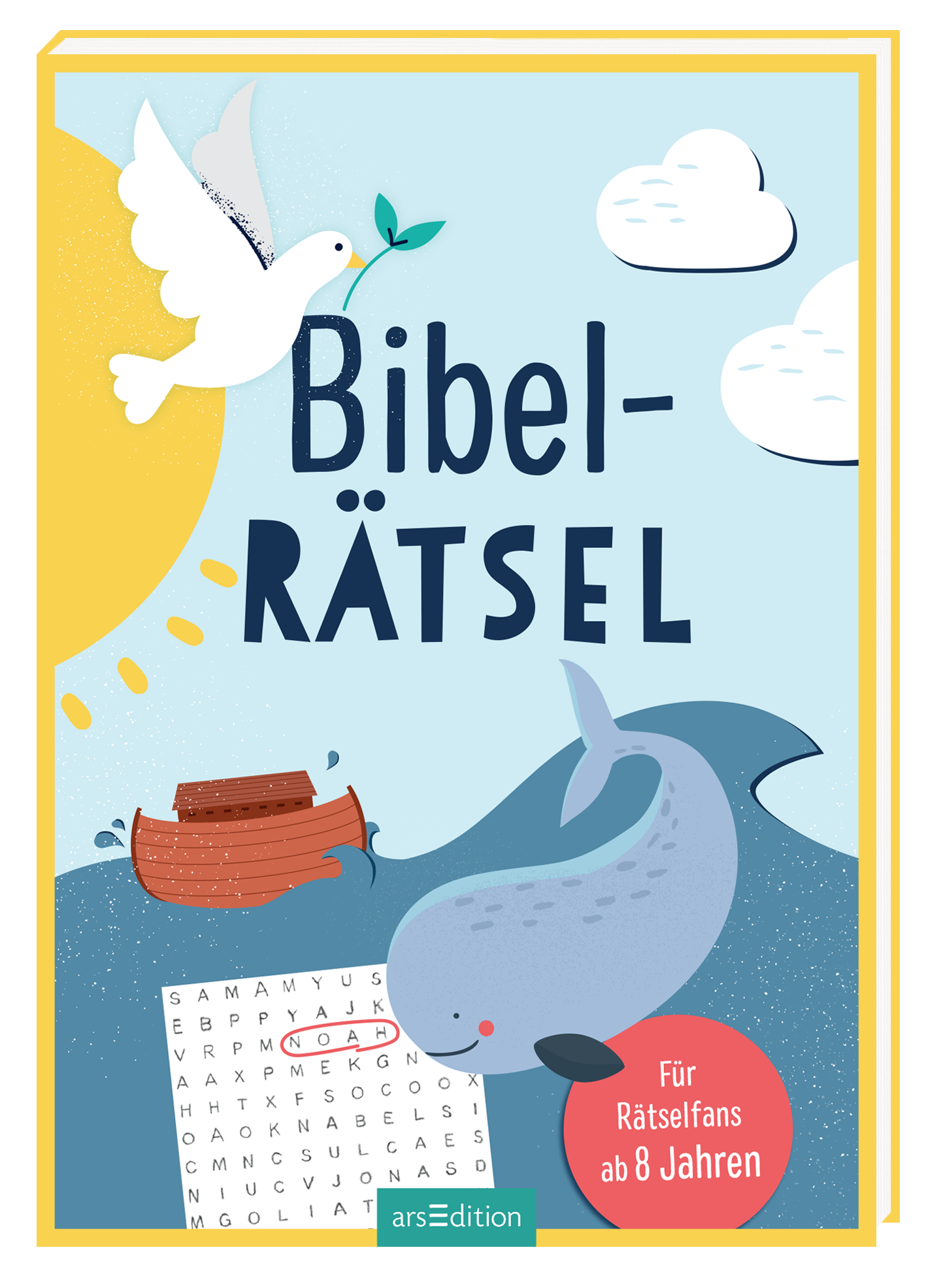 Das Buchcover „Bibel-Rätsel“ zeigt eine fröhliche Darstellung mit einem hellblauen Hintergrund. Eine weiße Taube mit einem Olivenzweig schwebt in der oberen linken Ecke. Rechts ist ein verspielter Wal zu sehen, während ein Boot mit dunklen Planken am unteren Rand schwimmt. Zentral steht der Titel „Bibel-Rätsel“ in markanten, bunten Lettern. Unterhalb des Titels steht der Text „Für Räselfans ab 8 Jahren“. Ein SPIEGEL-Bestseller-Button ist ebenfalls sichtbar. Ganz unten mittig...