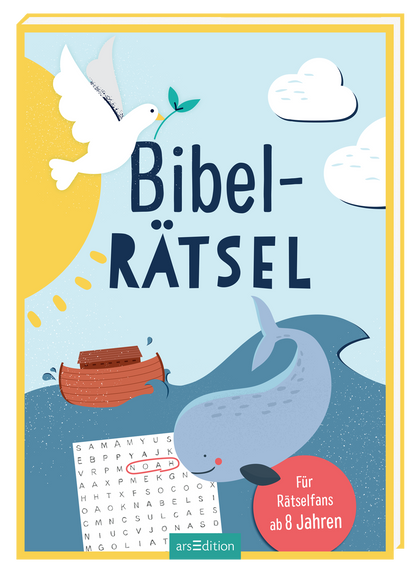 Das Buchcover „Bibel-Rätsel“ zeigt eine fröhliche Darstellung mit einem hellblauen Hintergrund. Eine weiße Taube mit einem Olivenzweig schwebt in der oberen linken Ecke. Rechts ist ein verspielter Wal zu sehen, während ein Boot mit dunklen Planken am unteren Rand schwimmt. Zentral steht der Titel „Bibel-Rätsel“ in markanten, bunten Lettern. Unterhalb des Titels steht der Text „Für Räselfans ab 8 Jahren“. Ein SPIEGEL-Bestseller-Button ist ebenfalls sichtbar. Ganz unten mittig...