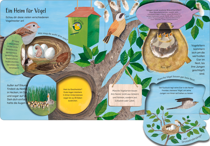 Gezeigt wird eine Innen- oder Zusatzansicht von „Mit einem Ei fängt alles an“. Die Illustration zeigt eine bunte Baumlandschaft mit verschiedenen Vogelarten, Nester und Eier. Zentrale Farben sind ein kräftiges Grün, sanftes Blau und warme Erdtöne. Die Typografie ist kindgerecht und gut lesbar, mit informativen Textfeldern in unterschiedlichen Formen, die die Lebensweise der Vögel erklären. Ein harmonisches Gesamtbild lädt zum Entdecken und Staunen ein.