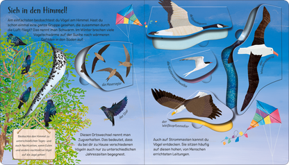 Gezeigt wird eine Innenansicht von „Mit einem Ei fängt alles an“. Auf der Doppelseite ist ein strahlend blauer Himmel zu sehen, in dem verschiedene Vogelarten in lebendigen Farben fliegen. Grün und braun dargestellte Bäume rahmen die Szene ein. Die Typografie ist freundlich und gut lesbar, mit einer Mischung aus größerem und kleinerem Text, der verschiedene Vogelarten und deren Lebensräume beschreibt. Interaktive Elemente laden zum Entdecken ein und sind klar umrissen.