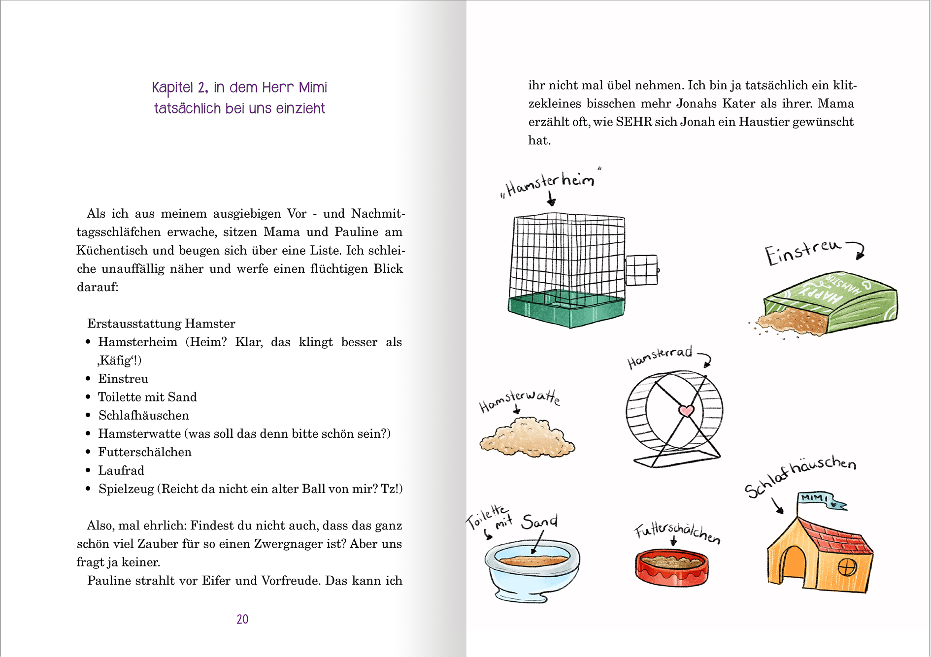 Gezeigt wird eine Innen- oder Zusatzansicht von „Kater Chaos – Au Backe, ein Hamster!“. Die Seite zeigt Text in einer verspielten Schriftart. Daraus hervorgehoben sind wichtige Punkte zu Hamsterbedarf in Form von Aufzählungen. Links sind Zeichnungen zu sehen, darunter ein Hamsterkäfig mit Sand und Spielzeug in bunten Farben. Die Gestaltung ist freundlich und ansprechend, ideal für junge Leser.