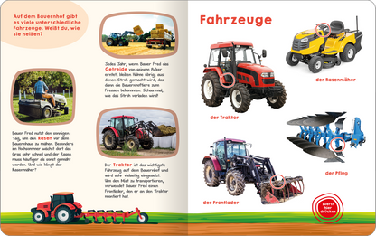 Gezeigt wird eine Innen- oder Zusatzansicht von „Mein großes Geräuschebuch – Bauernhof“. Die Seite präsentiert eine Übersicht verschiedener Fahrzeuge auf dem Bauernhof. Im linken Bereich steht ein Textfeld mit der Frage „Auf dem Bauernhof gibt es viele unterschiedliche Fahrzeuge. Weißt du, wie sie heißen?“. Rechts sind große, farbige Illustrationen von Fahrzeugen wie einem Traktor und einem Rasenmäher abgebildet, ergänzt durch kurze Beschreibungen. Die Schrift ist klar und...
