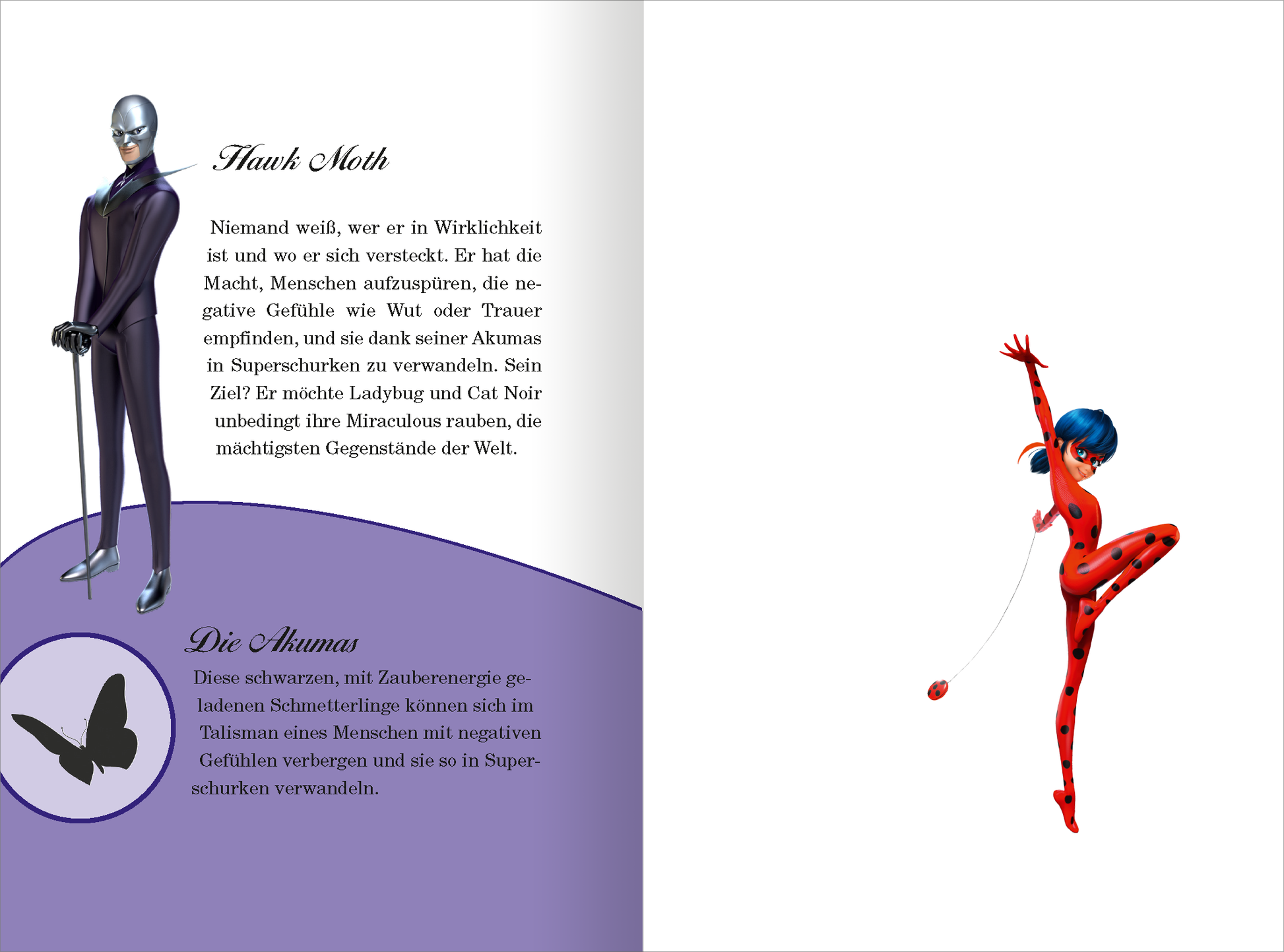 Gezeigt wird eine Innen- oder Zusatzansicht von „Miraculous – Die spannendsten Abenteuer“. Auf der linken Seite ist der Charakter Hawk Moth in einem eleganten, dunklen Anzug abgebildet, begleitet von einer informativen Textbeschreibung in einer gut lesbaren Serifenschrift. Die rechte Seite zeigt Ladybug in einem leuchtend roten Kostüm mit schwarzen Punkten.