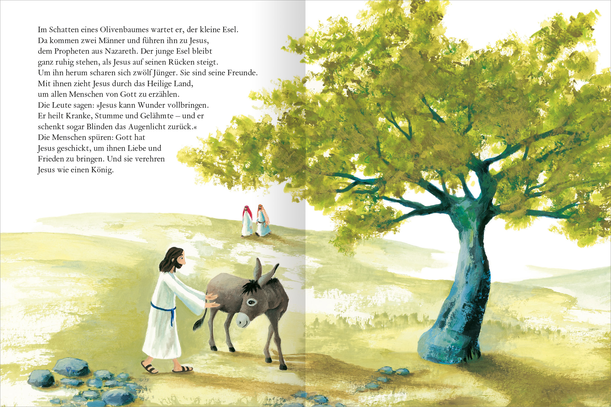 Gezeigt wird eine Innen- oder Zusatzansicht von „Der kleine Esel und die Ostergeschichte“. Die Illustration zeigt eine freundliche Szene unter einem großen, grünen Baum. Im Vordergrund steht ein kleiner Esel, der von einem in Weiß gekleideten Mann liebevoll berührt wird. Zwei weitere Figuren sind im Hintergrund zu sehen, die dem Geschehen zuschauen. Die Farben sind harmonisch und ruhig, mit sanften Grüntönen und erdigen Farbtönen. Die Typografie ist klar und gut lesbar, passend zur...