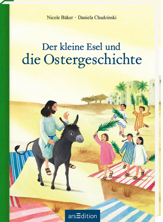 Das Cover zeigt eine freundliche, humorvolle Szene in sonnigen Farben. Im Vordergrund sitzt ein kleiner Esel, umgeben von fröhlichen Kindern, die bunte Blumen und Laken halten. Die Schrift „Der kleine Esel und die Ostergeschichte“ ist groß und in einem klaren, typografischen Stil gehalten, während die Namen der Autorinnen, Nicole Büker und Daniela Chudzinski, oben platziert sind. Ganz oben links befindet sich ein SPIEGEL-Bestseller-Button. Ganz unten mittig steht der Logoschriftzug von...