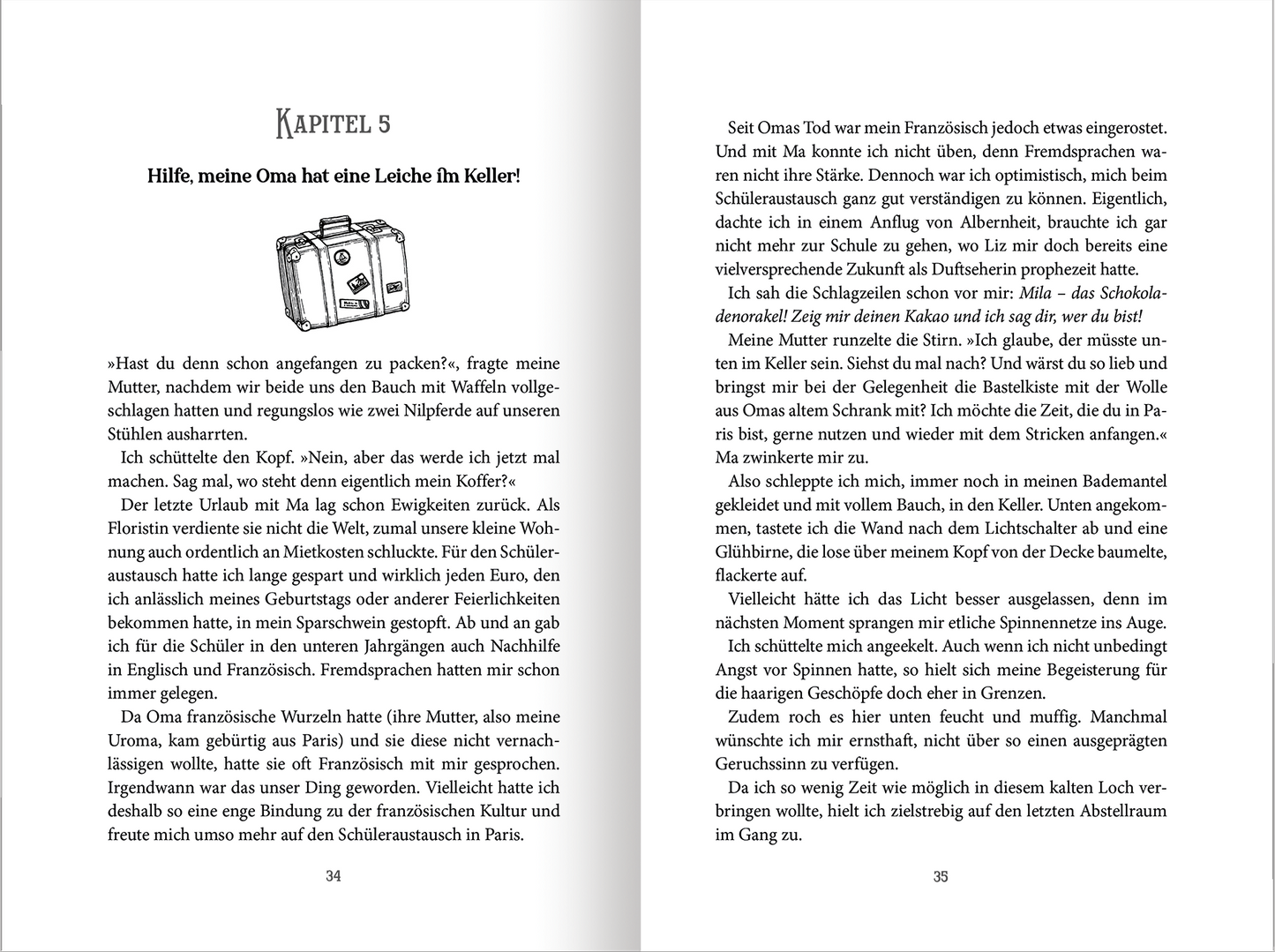 Gezeigt wird eine Innen- oder Zusatzansicht von „Das Vermächtnis der Schokomagie“. Der Text ist in einer gut lesbaren Serifenschrift gehalten, die in Schwarz auf weißem Hintergrund erscheint. Die Kapitelüberschrift ist fett gedruckt und darunter ist ein kleiner Koffer illustriert.
