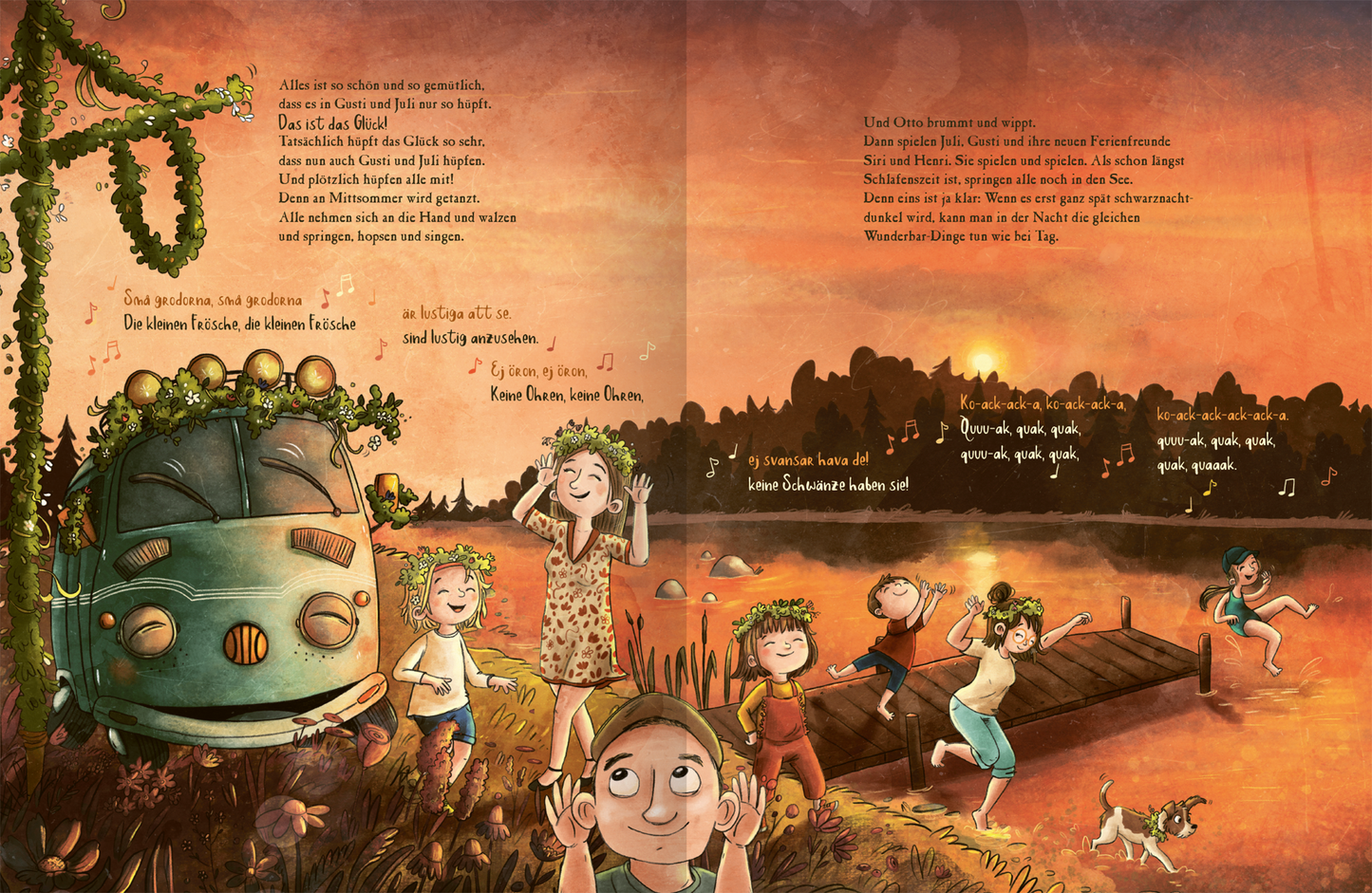 Gezeigt wird eine Innen- oder Zusatzansicht von „OTTO fährt los – Ein Sommer in Schweden“. Die Illustration zeigt eine idyllische Sommertagsszene am einem See mit einem warmen Sonnenuntergang. Ein türkiser Campingbus steht im Vordergrund, umgeben von fröhlichen Kindern und Erwachsenen in bunten Kleidern mit Blumenkränzen. Sie feiern Mittsommer. Die Typografie besteht aus handschriftlicher Schriftart, die das Gefühl von Unbeschwertheit und Abenteuer vermittelt. Die Farben sind lebhaft...