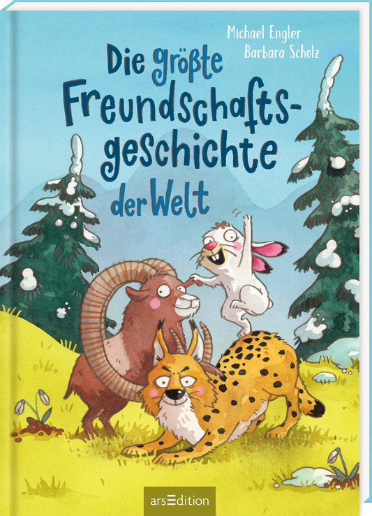 Das Buchcover zeigt eine farbenfrohe, verspielte Illustration mit einem blauen Himmel und schneebedeckten Bäumen. Im Vordergrund sind ein lebhaftes Kaninchen, ein fröhlicher Hund und eine lachende Ziege dargestellt, die interagieren und Freundschaft symbolisieren. Der Titel „Die größte Freundschaftsgeschichte der Welt“ steht prominent in einer verspielten Schriftart, während die Urheber Michael Engler und Barbara Scholz oben auf dem Cover genannt sind. Ganz unten mittig steht der...