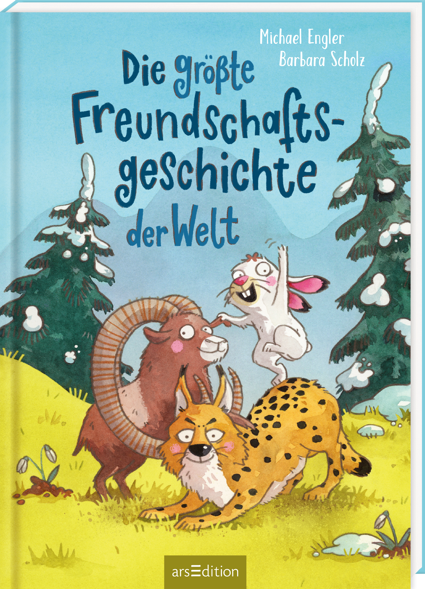 Das Buchcover zeigt eine farbenfrohe, verspielte Illustration mit einem blauen Himmel und schneebedeckten Bäumen. Im Vordergrund sind ein lebhaftes Kaninchen, ein fröhlicher Hund und eine lachende Ziege dargestellt, die interagieren und Freundschaft symbolisieren. Der Titel „Die größte Freundschaftsgeschichte der Welt“ steht prominent in einer verspielten Schriftart, während die Urheber Michael Engler und Barbara Scholz oben auf dem Cover genannt sind. Ganz unten mittig steht der...