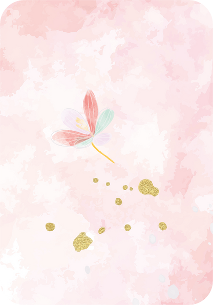 Gezeigt wird eine Innen- oder Zusatzansicht von „Ich wünsch dir was“. Die Illustration zeigt einen zarten, rosa Hintergrund mit einer aquarellartigen Textur. In der Mitte schwebt eine stilisierte Blüte in sanften Farben wie Rosa und Mintgrün. Glitzernde, goldene Elemente sind um die Blüte verteilt und verleihen der Darstellung einen festlichen Glanz. Die sanfte Farbpalette und die spielerische Anordnung erzeugen eine einladende und zauberhafte Atmosphäre.