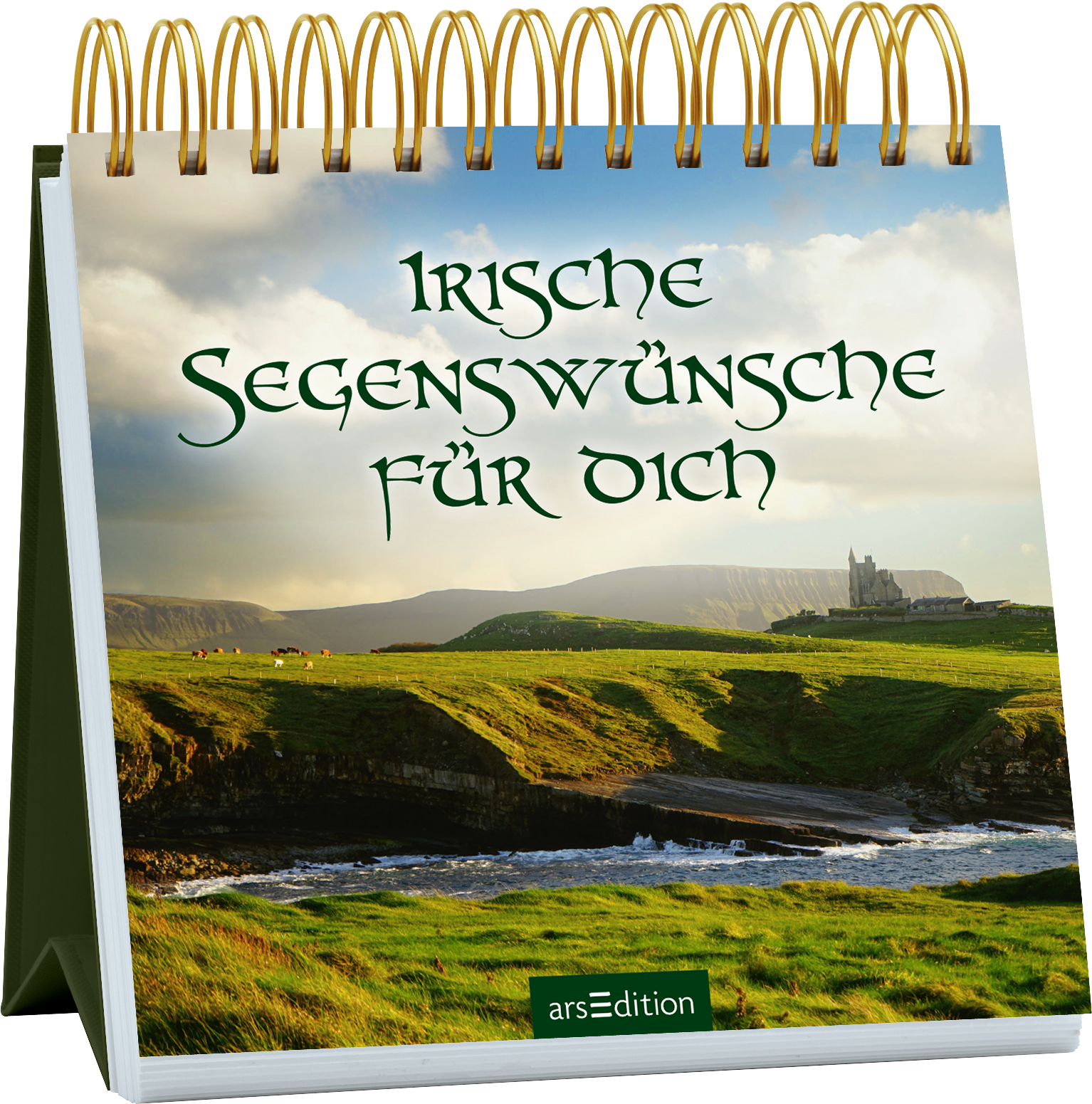 Das Buchcover zeigt eine malerische irische Landschaft mit grünen Hügeln, einem sanften Fluss und einem alten Schloss im Hintergrund, umgeben von bewölktem Himmel. Der Titel „Irische Segenswünsche für dich“ ist in einer eleganten, verschnörkelten Schrift in dunklem Grün gestaltet. Die goldene Spiralbindung oben verleiht dem Cover eine stilvolle Note. Ganz unten mittig steht der Logoschriftzug von arsEdition.