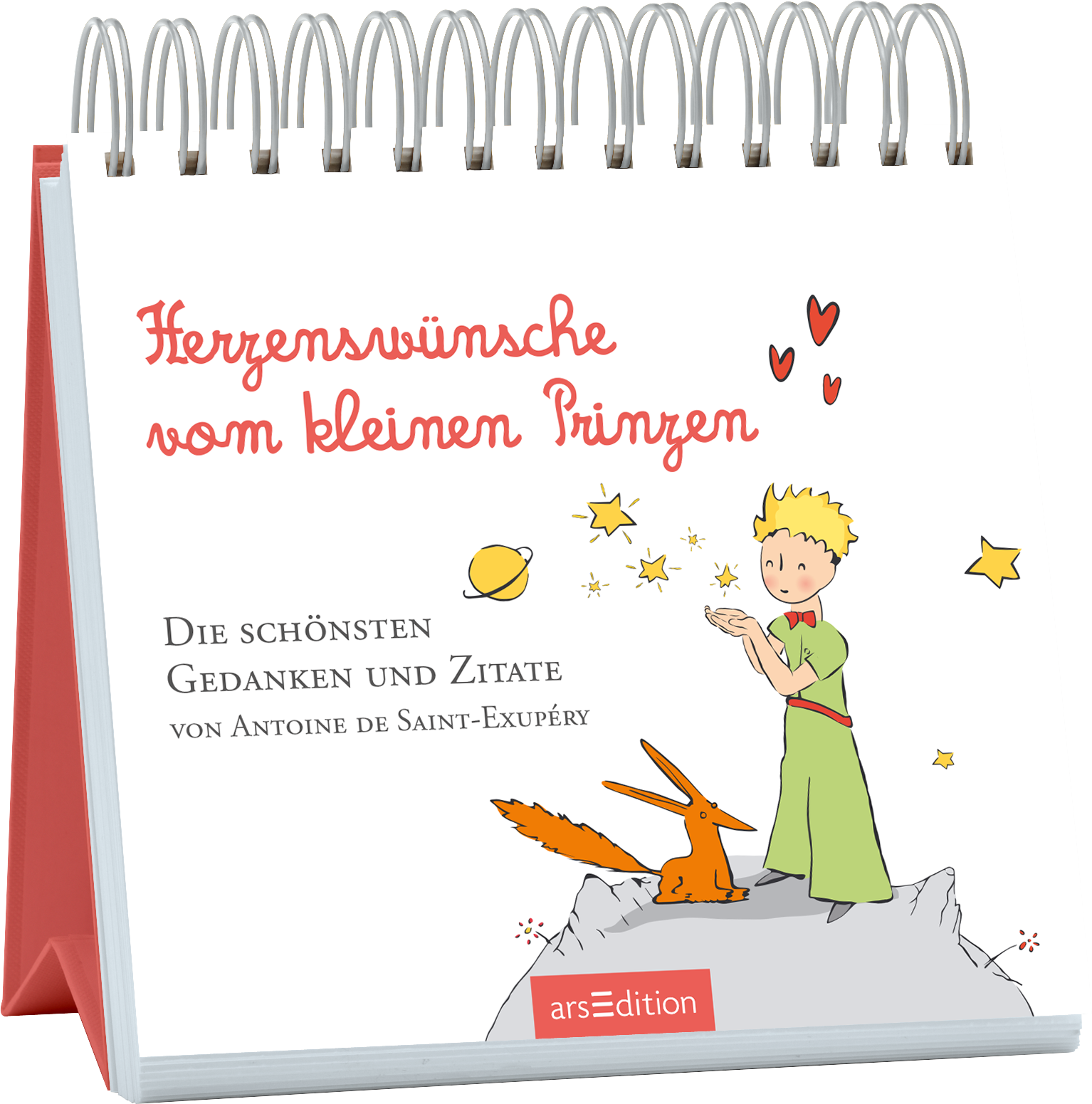 Das Buchcover zeigt einen spiralgebundenen Block in sanften Farben. Im Vordergrund sind der kleine Prinz mit blonden Haaren und ein roter Fuchs abgebildet, umgeben von Sternen und Planeten. Der Titel „Herzenswünsche vom kleinen Prinzen“ ist in verspielter roter Schrift oben links platziert. Darunter stehen die Worte „Die schönsten Gedanken und Zitate“ in einer schlichteren Schrift. Ganz unten mittig steht der Logoschriftzug von arsEdition.
