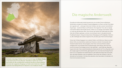Gezeigt wird eine Innenansicht von „Éire“. Auf der linken Seite ist ein beeindruckendes Foto eines Steinhügels unter einem dramatischen Himmel zu sehen, in sanften Erdtönen gehalten, mit grauen und grünen Tönen. Rechts befindet sich der Text „Die magische Anderswelt“ in einer eleganten, modernen Schriftart in hellgrün, die gut lesbar ist. Die Hintergrundfarbe ist weich und hell, was den Text hervorhebt und eine harmonische Gesamtwirkung erzeugt.