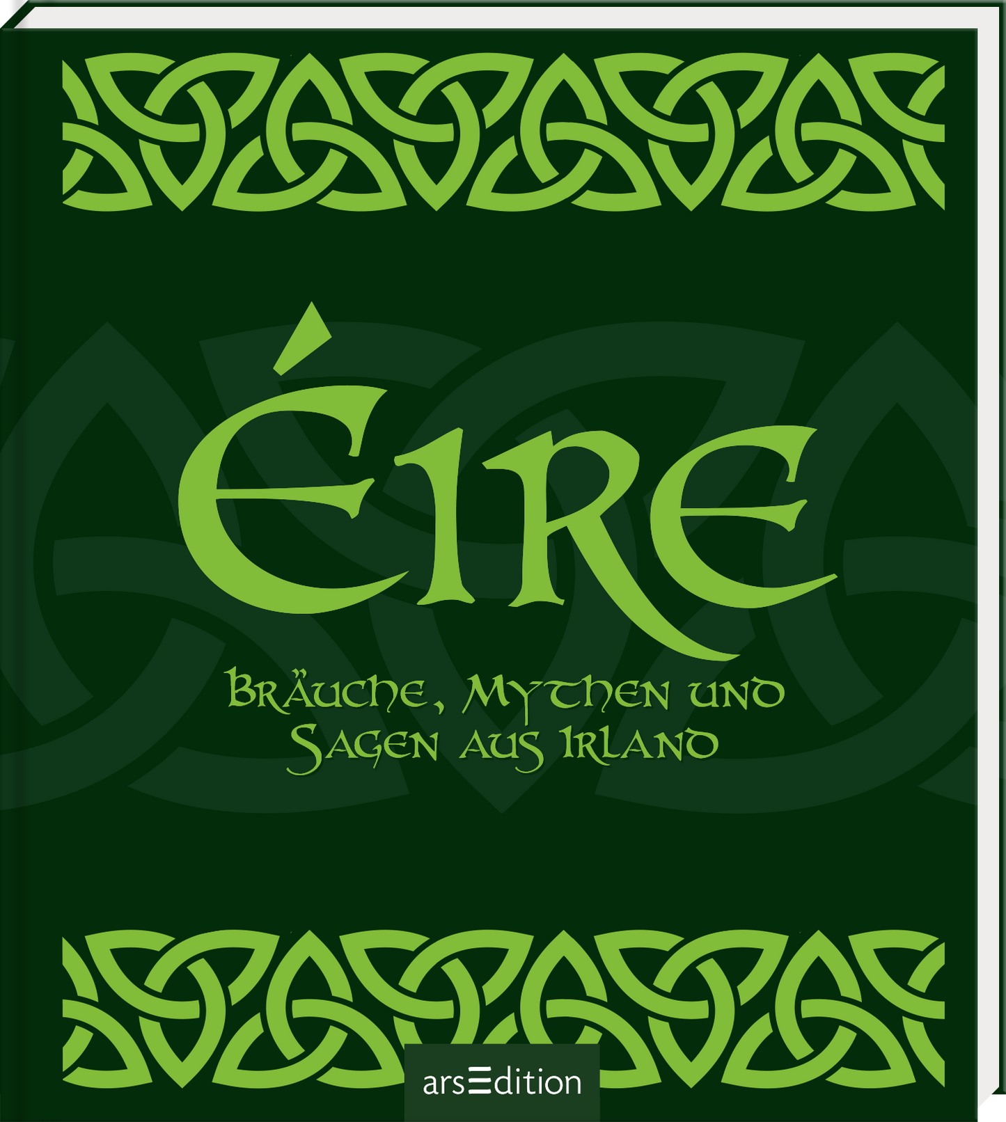 Das Buchcover ist in einem tiefen, satten Grünton gehalten und vermittelt eine mystische Atmosphäre. Oben wiederholt sich ein keltisches Muster in hellgrün. In der Mitte steht der Titel „Éire“ in großer, geschwungener Schrift, darunter der Untertitel „Bräuche, Mythen und Sagen aus Irland“ in einer schlankeren typografischen Ausführung. Der gesamte Schriftzug ist in einem hellen Grünton gehalten, was einen schönen Kontrast zum dunklen Hintergrund bildet. Ganz unten mittig steht...