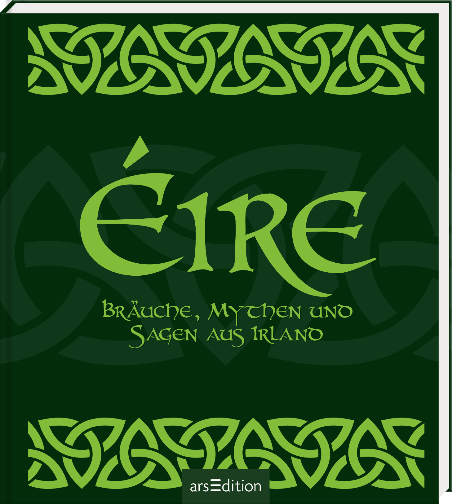 Das Buchcover ist in einem tiefen, satten Grünton gehalten und vermittelt eine mystische Atmosphäre. Oben wiederholt sich ein keltisches Muster in hellgrün. In der Mitte steht der Titel „Éire“ in großer, geschwungener Schrift, darunter der Untertitel „Bräuche, Mythen und Sagen aus Irland“ in einer schlankeren typografischen Ausführung. Der gesamte Schriftzug ist in einem hellen Grünton gehalten, was einen schönen Kontrast zum dunklen Hintergrund bildet. Ganz unten mittig steht...