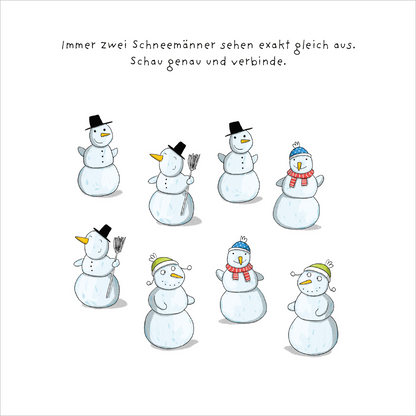 Gezeigt wird eine Innen- oder Zusatzansicht von „Mein dicker Rätselblock Weihnachten“. Die Seite zeigt mehrere gezeichnete Schneemänner in unterschiedlichen Posen und mit unterschiedlichen Accessoires, darunter Hüte und Schals. Die Schneemänner sind überwiegend in Weiß gehalten, ergänzt durch bunte Details in Blau, Rot und Gelb. Oberhalb der Abbildung steht der Text: „Immer zwei Schneemänner sehen exakt gleich aus. Schau genau und verbinde.“ Die typografische Gestaltung ist klar...