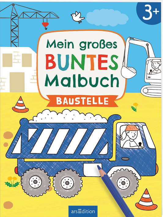 Das Cover zeigt einen bunten, kindgerechten Designstil. Im oberen Bereich steht „Mein großes BUNTES Malbuch“ in verschiedenen Farben und einer spielerischen Schriftart, darunter das Wort „BAUSTELLE“ auf einem roten Banner. Ein Lkw mit einer großen Ladefläche, gefüllt mit weißen „Baumaterialien“, ist im Vordergrund abgebildet, während im Hintergrund Kran und Bagger zu sehen sind. Der untere Teil des Covers ist in einem warmen Gelbton gehalten. Ganz unten mittig steht der...