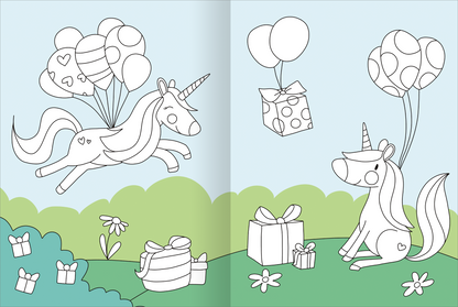 Gezeigt wird eine Innen- oder Zusatzansicht von „Mein großes buntes Malbuch – Einhörner“. Die Illustration zeigt zwei Einhörner in einer fröhlichen Landschaft. Ein Einhorn schwebt mit bunten, herzförmigen Luftballons, während das andere auf einer Wiese mit Geschenken und Blumen sitzt. Die Farben sind hell und einladend, die Linien sind klar und einfach, ideal zum Ausmalen. Die Schrift ist verspielt und rundlich, passend zum Thema.
