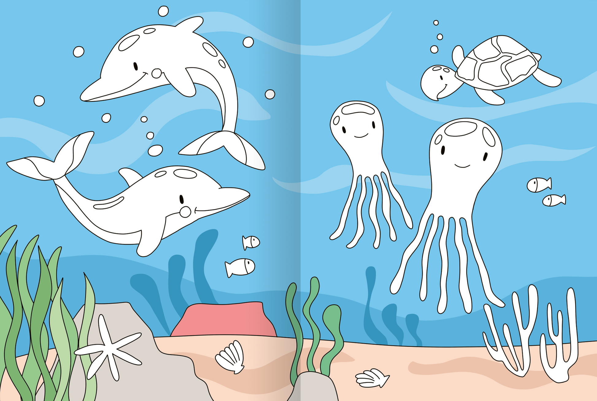 Gezeigt wird eine Innen- oder Zusatzansicht von „Mein großes buntes Malbuch – Tiere“. Die Abbildung zeigt eine Unterwasserlandschaft mit fröhlichen, stilisierten Tieren. Zwei lachende Delfine und eine Schildkröte schwimmen über einem bunten Hintergrund in Hellblau. Mehrere niedliche Quallen mit runden Köpfen und langen Tentakeln sind ebenfalls zu sehen. Die Farben sind sanft und freundlich, während die klare, dicke Kontur der Figuren für ein einladendes Malerlebnis sorgt.