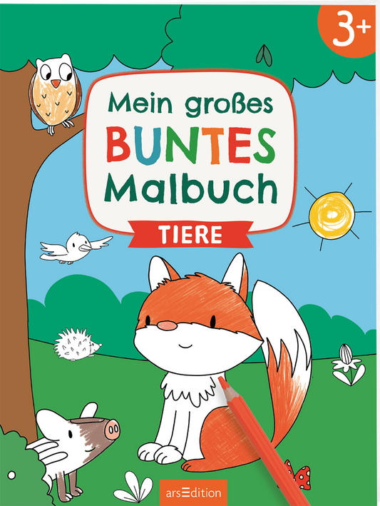 Das Cover zeigt einen hellen, freundlichen Hintergrund mit bunten Illustrationen von Tieren. Zentral ist ein niedlicher Fuchs mit orangefarbenem Fell und einem Stift in der Hand, umgeben von einem Baum, einer Eule, Vögeln und einer Igel-Illustration. Oberhalb des Fuchses steht in bunten Buchstaben: „Mein großes BUNTES Malbuch“, darunter steht das Wort „TIERE“ auf rotem Hintergrund. Ganz oben rechts ist die Altersangabe „3+“ zu sehen. Ganz unten mittig steht der Logoschriftzug von...