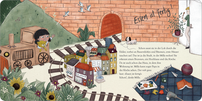 Gezeigt wird eine Innen- oder Zusatzansicht von „Der Wunderkarton“. Die Illustration zeigt eine bunte, freundliche Szenerie mit einer kleinen Lok und einem Mädchen, das einen Teddybären hält. Im Hintergrund sind gelbe Sonnenblumen und grüne Wiesen zu sehen. Farbig gestaltete Häuser mit roten und blauen Dächern bilden eine kleine Stadt. Am oberen Rand steht in verspielter Schrift „Essen ist fertig“. Die sanften Farben und die kindgerechte Typografie laden zum Träumen und Entdecken...