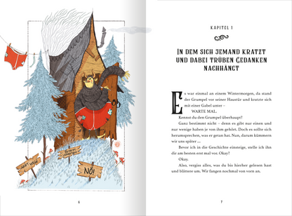 Gezeigt wird eine Innen- oder Zusatzansicht von „Grumpel und der furchtbar fiese Weihnachtsplan“. Die Illustration zeigt Grumpel, einen grimmig dreinblickenden, bärtigen Mann, vor einer rustikalen Holzhütte mit einem schiefen Dach. Lebendige Farben wie blau und rot dominieren die Szene, während  Tannenbäume im Hintergrund hervortreten. Die Kapiteltitel sind in einer verschnörkelten, gut lesbaren Schrift gestaltet, die den unbeschwerten, märchenhaften Charakter der Geschichte...