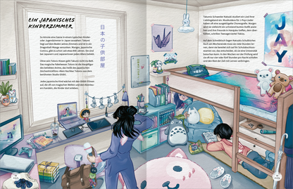 Gezeigt wird eine Innenansicht von „Japan“. Die Illustration präsentiert ein kindliches Zimmer mit einem oberen Hochbett und einem bunten Teppich. An der Wand sind zarte Pastelltöne in Rosa, Blau und Lila zu sehen. Auf einem Schreibtisch stehen ein Laptop sowie Bücher. Verschiedene kuschelige Tiere und Dekorationen fügen eine verspielte Note hinzu. Die klare, freundliche Typografie der Überschrift „Ein japanisches Kinderzimmer“ kontrastiert harmonisch mit den sanften Farbtönen der...