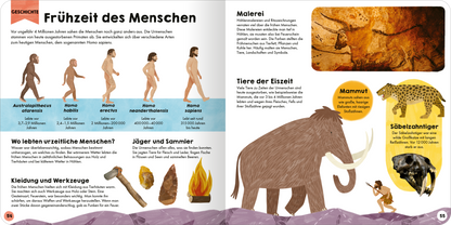 „Gezeigt wird eine Innen- oder Zusatzansicht von „Mein erstes Grundschul-Lexikon“. Die Doppelseite präsentiert das Thema „Frühzeit des Menschen“ in lebendigen Farben. Auf der linken Seite sind mehrere stilisierte Figuren verschiedener Menschenarten abgebildet, ergänzt durch kurze Texte. Rechts sind eindrucksvolle Illustrationen von Höhlenmalerei und Tieren der Eiszeit, darunter ein Mammut und ein Säbelzahntiger. Die klare, kindgerechte Typografie erleichtert das Lesen und...