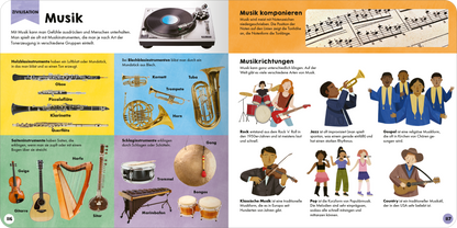 Gezeigt wird eine Innen- oder Zusatzansicht von „Mein erstes Grundschul-Lexikon“. Die Doppelseite präsentiert das Thema „Musik“ mit einem hellen, freundlichen Layout. Links ist eine Plattenspieler-Illustration auf einem gelben Hintergrund zu sehen, daneben verschiedene Musikinstrumente auf farbigen Flächen in Blau, Grün und Gelb. Rechts wird „Musik komponieren“ thematisiert, ergänzt durch Notenlinien und Illustrationen von Kindern, die musizieren. Die typografische Gestaltung...