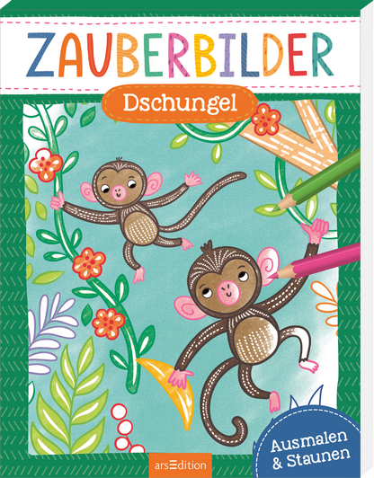 Zu sehen ist die 3D-Ansicht des Malblocks. Das Buchcover zeigt zwei niedliche, cartoonartige Affen, die spielerisch an bunten Lianen hängen. Der Hintergrund ist in einem sanften Türkis gehalten, umgeben von grünen Blättern und blühenden, farbenfrohen Blumen. Der Titel „ZAUBERBILDER“ erscheint in fröhlichen, bunten Buchstaben oben, während „Dschungel“ in einem leuchtenden Orange hervorgehoben ist. Der Hinweis „Ausmalen &amp; Staunen“ ist in einem kleinen blauen Kreis unten...