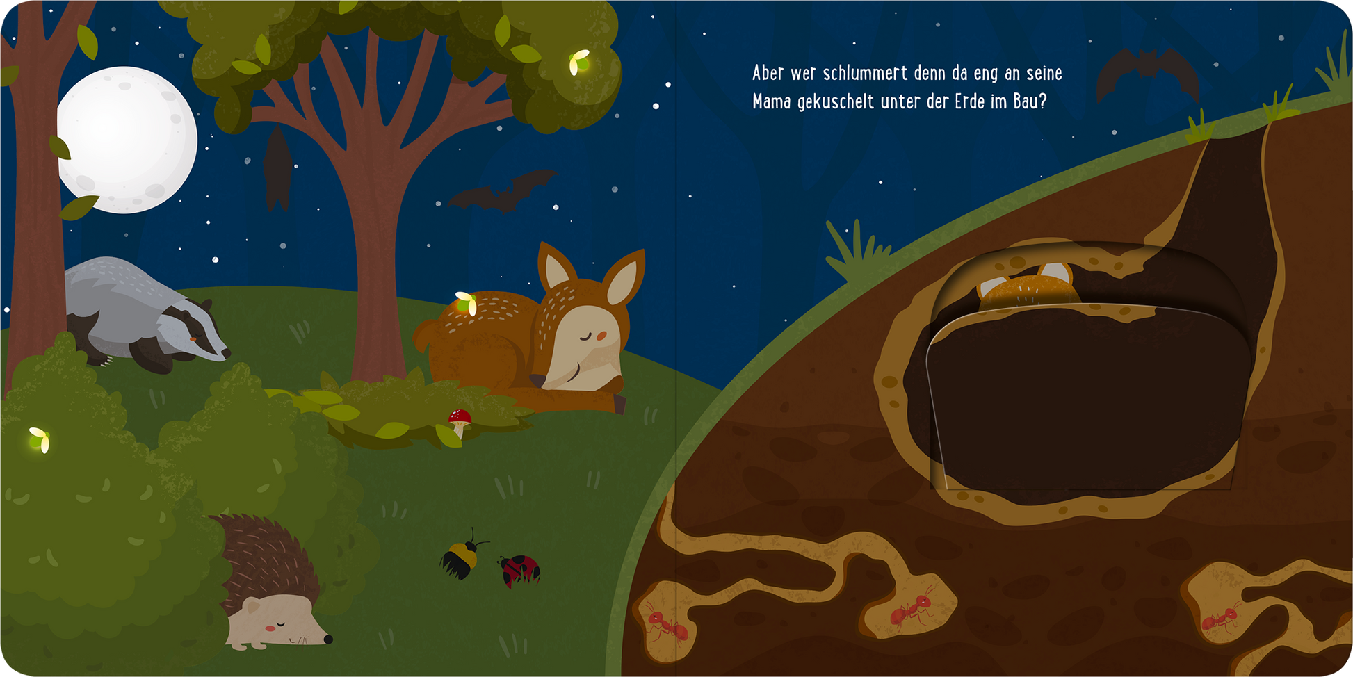 Gezeigt wird eine Innen- oder Zusatzansicht von „Mein kleines Klappenbuch – Im Wald“. Die Illustration zeigt eine nächtliche Waldszene mit einem schlafenden Reh, einem Igel und einem Dachs unter einem großen Baum. Die Farben sind überwiegend in sanften Blau- und Grüntönen gehalten und bilden eine ruhige Atmosphäre. Am rechten Bildrand ist ein Erdbau abgebildet, von dem kleine Fährten in den Vordergrund führen. Die Schrift ist spielerisch und freundlich, um die Zielgruppe...