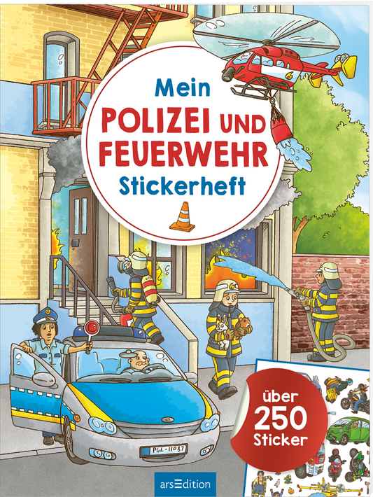 Das Buchcover zeigt eine lebendige Szene mit Polizisten und Feuerwehrleuten, die bei einem Einsatz agieren. Die zentrale Grafik zeigt einen Feuerwehrmann beim Löschen eines Feuers und einen Polizisten, der in einem Einsatzfahrzeug sitzt. Der Titel „Mein POLIZEI UND FEUERWEHR Stickerheft“ ist in bunten, auffälligen Buchstaben in einem weißen Kreis platziert. Unten links ist ein roter Button mit dem Text „über 250 Sticker“ zu sehen. Ganz unten mittig steht der Logoschriftzug von...
