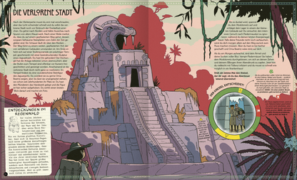 Gezeigt wird eine Innen- oder Zusatzansicht von „Finde die verlorene Stadt im Dschungel“. Die Illustration zeigt eine verschollene und von Pflanzen überwucherte Pyramide mit einem Löwenkopf. Die Farben sind überwiegend in sanften Tönen von Rosa, Grün und Braun gehalten. Am unteren Bildrand ist eine Figur zu sehen, die in einem Detailreich an Schichten und Texturen auf dem Weg zur Pyramide steht. Die Schrift ist gut lesbar und ergänzt das visuelle Erlebnis.