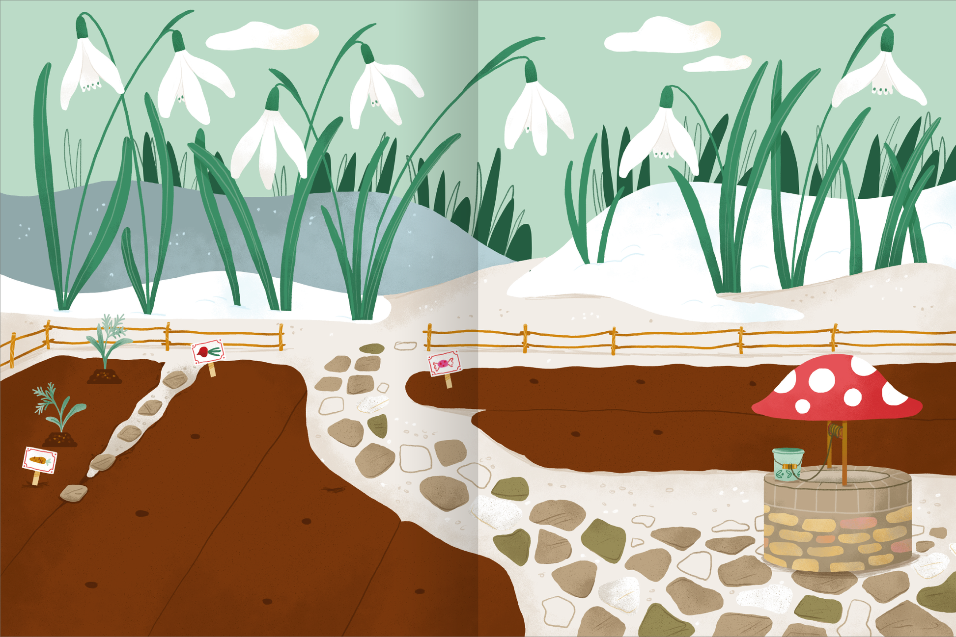 Gezeigt wird eine Innen- oder Zusatzansicht von „Erstes Stickern – Wichtelwelt“. Die Illustration zeigt eine frühlingshafte Landschaft mit blühenden Schneeglöckchen und grünem Gras. Ein gepflasterter Weg führt zu einem Steinkreis mit einem rot-weiß gepunkteten Pilz und einem Brunnen. Links sind verschiedene Pflanzen mit kleinen Schildern zu sehen, die in der braunen Erde stecken. Die sanften Pastellfarben und ein klarer, spielerischer Schriftzug ergänzen die freundliche Atmosphäre.