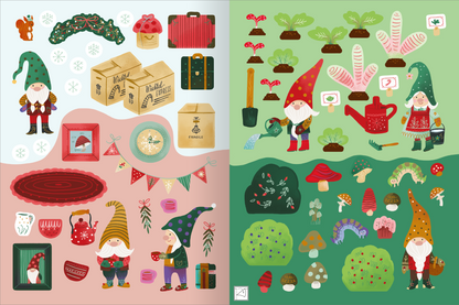 Gezeigt wird eine Innen- oder Zusatzansicht von „Erstes Stickern – Wichtelwelt“. Die Illustration zeigt ein farbenfrohes Arrangement von Wichteln in verschiedenen Posen, umgeben von Gegenständen wie Töpfen, Geschenken und Pflanzen. Die linke Seite weist rötliche und pinkfarbene Töne auf, während die rechte Seite in sanften Grüntönen gestaltet ist. Bunte Sticker-Elemente, darunter Pilze und Dekorationen, sind ebenfalls sichtbar. Die Typografie ist verspielt und kindgerecht, passend...