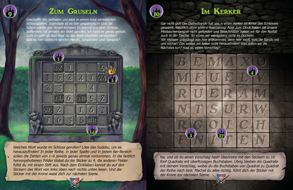 Gezeigt wird eine Innen- oder Zusatzansicht von „Krimi-Sticker-Rätsel – Das verwunschene Schloss“. Die Seite ist in zwei Hälften unterteilt. Links befindet sich ein Rätsel mit einem dekorativen Rahmen, der in Erdtönen gestaltet ist und eine magische Atmosphäre vermittelt. Der Text ist in einer verspielten Schriftart gehalten. Rechts zeigt eine Steinwand das Rätsel in Form eines Buchstaben-Gitters mit hellen, klaren Schriftzügen. Beide Hälften sind von mit einem Schlossmotiv...