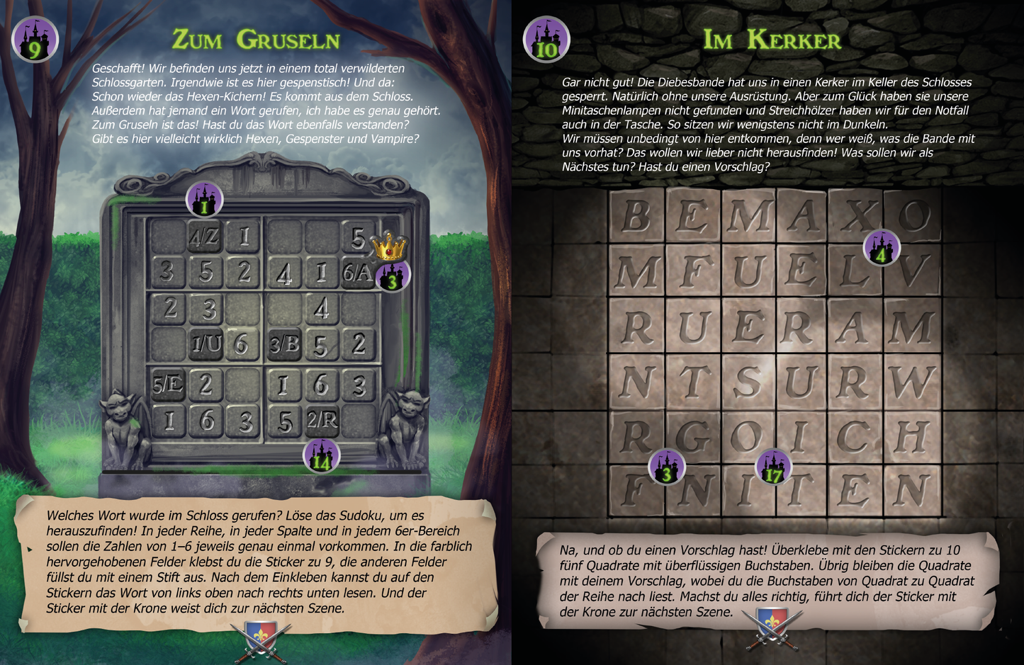 Gezeigt wird eine Innen- oder Zusatzansicht von „Krimi-Sticker-Rätsel – Das verwunschene Schloss“. Die Seite ist in zwei Hälften unterteilt. Links befindet sich ein Rätsel mit einem dekorativen Rahmen, der in Erdtönen gestaltet ist und eine magische Atmosphäre vermittelt. Der Text ist in einer verspielten Schriftart gehalten. Rechts zeigt eine Steinwand das Rätsel in Form eines Buchstaben-Gitters mit hellen, klaren Schriftzügen. Beide Hälften sind von mit einem Schlossmotiv...
