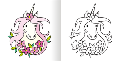 Gezeigt wird eine Innen- oder Zusatzansicht von „Mein erstes dickes Malbuch ab 2 – Einhörner“. Die Abbildung zeigt ein freundliches Einhorn mit pinker Mähne, umgeben von bunten Blumen. Links ist das Einhorn farbig gestaltet, während die rechte Seite eine schwarz-weiße Umrisszeichnung zeigt. Die Farbpalette ist lebhaft und ansprechend für Kinder, mit einer verspielten Schriftart, die die kindliche Fantasie anregt.