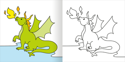 Gezeigt wird eine Innen- oder Zusatzansicht von „Mein erstes dickes Malbuch ab 2 – Einhörner“. Die Abbildung zeigt einen bunten Drachen, der orangefarbene Feuerflammen aus seinem Mund speit. Der Drache ist in einem hellen Grünton gehalten und hat prägnante, spitze Flügel. Die Umgebung ist einfach gestaltet, mit einem hellblauen Wasserbereich. Rechts daneben ist eine schwarz-weiße Konturzeichnung des gleichen Drachen, die zum Ausmalen einlädt. Die Schrift ist klar und freundlich.